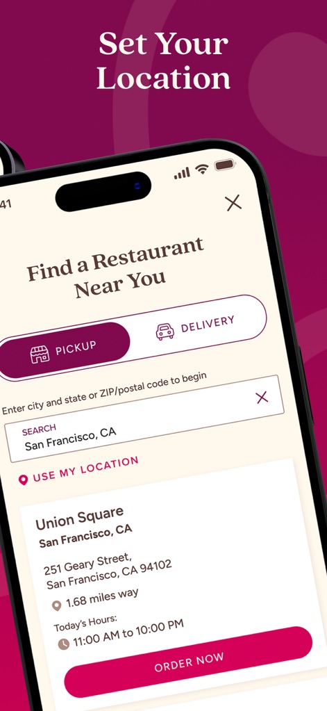 The Cheesecake Factory - Users can easily locate restaurants using the distinct "PICKUP" and "DELIVERY" tabs and the efficient "USE MY LOCATION" feature.
