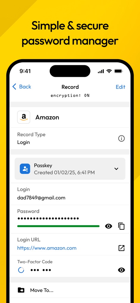 Keeper Password Manager - Dieser Bildschirm zeigt die Detailansicht eines Eintrags, in diesem Fall für Amazon, mit einer Passkey-Option und dem sicher maskierten Passwortfeld, das die umfassende Speicherung verdeutlicht.