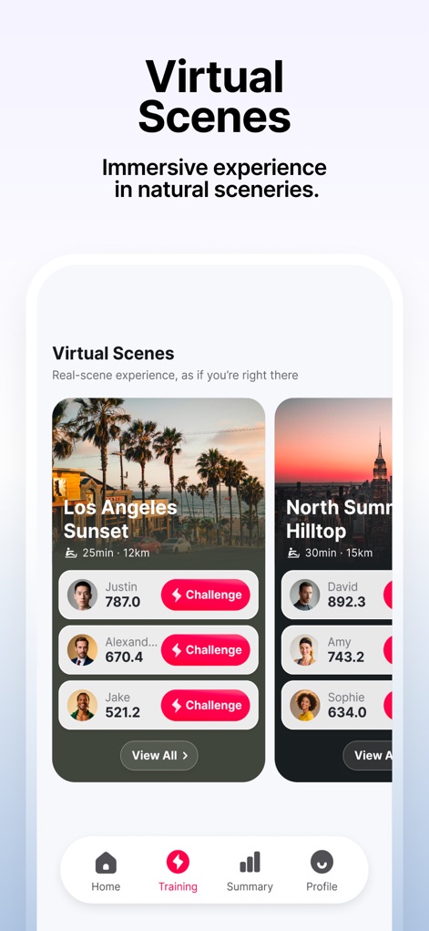 MERACH:Fitness Freedom at Home - Users can explore engaging virtual scenes like 'Los Angeles Sunset' and 'North Summit Hilltop', enhancing workouts with competitive challenge options against other participants.