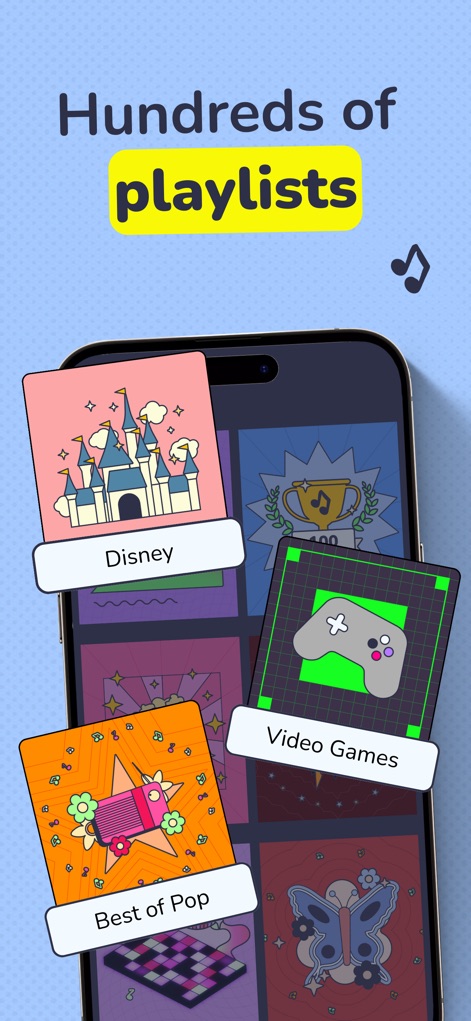 Mukiz - Guess the song - A imagem demonstra a vasta biblioteca de "centenas de playlists" disponíveis, com opções temáticas como "Disney" e "Video Games" para todos os gostos.