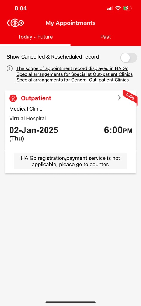 HA Go - Gli utenti possono monitorare facilmente gli appuntamenti futuri, come quello del "02-Jan-2025" al Virtual Hospital, e navigare tra le diverse categorie temporali grazie alle schede "Today, Future, Past".