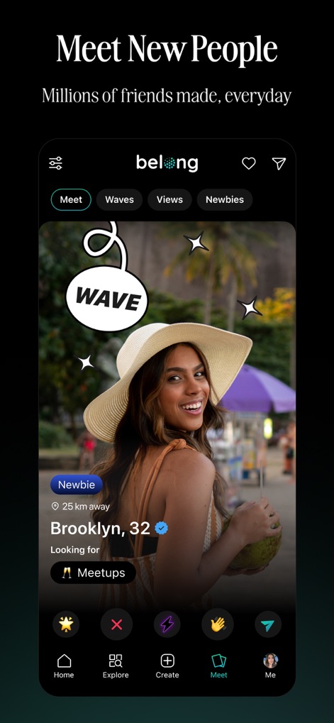 Belong - Meet New People - Users can easily discover new connections through the "Meet" tab, featuring detailed profiles like "Brooklyn, 32," and interact using the intuitive "Wave" button and its selection of response icons.