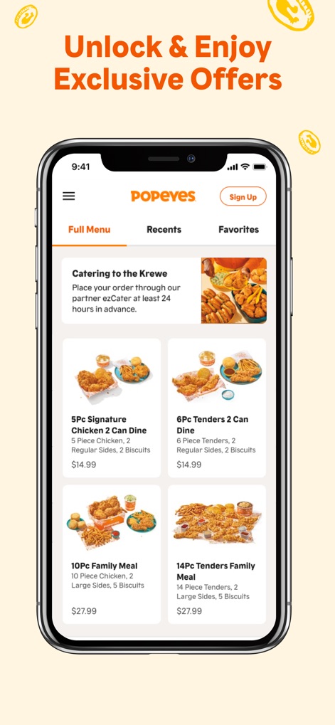 Popeyes® - Users can explore app-exclusive benefits, including detailed "Catering to the Krewe" packages like the "10Pc Family Meal", and navigate through "Full Menu" or "Favorites" tabs to find desired items.