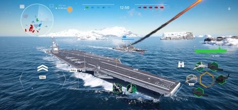 Warships Mobile: Naval Warfare - The app demonstrates the massive scale of aircraft carriers like the USS and the impact of missile strikes, all set within a dramatic snow-covered battle arena.