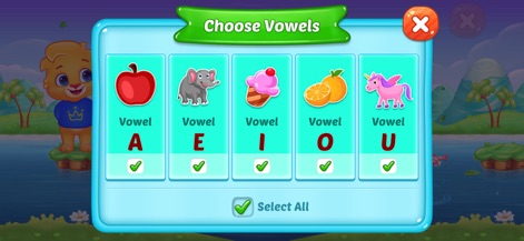 ABC Spelling - Spell & Phonics - La schermata di configurazione consente di scegliere quali vocali includere negli esercizi, con illustrazioni chiare come la mela per la 'A' e le caselle di spunta per attivare o disattivare ogni vocale.