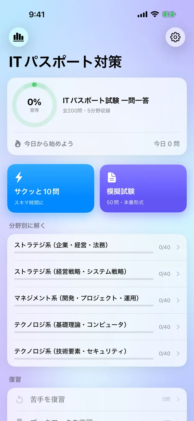 ITパスポートのアプリ画面