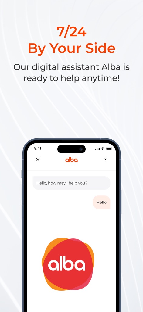 Albaraka Mobil - 사용자는 디지털 비서 'Alba'와 대화하는 인터페이스를 통해 24시간 언제든지 도움을 받을 수 있습니다. 친근한 인사말이 포함된 채팅창과 하단의 'Alba' 로고가 이 기능의 접근성을 나타냅니다.