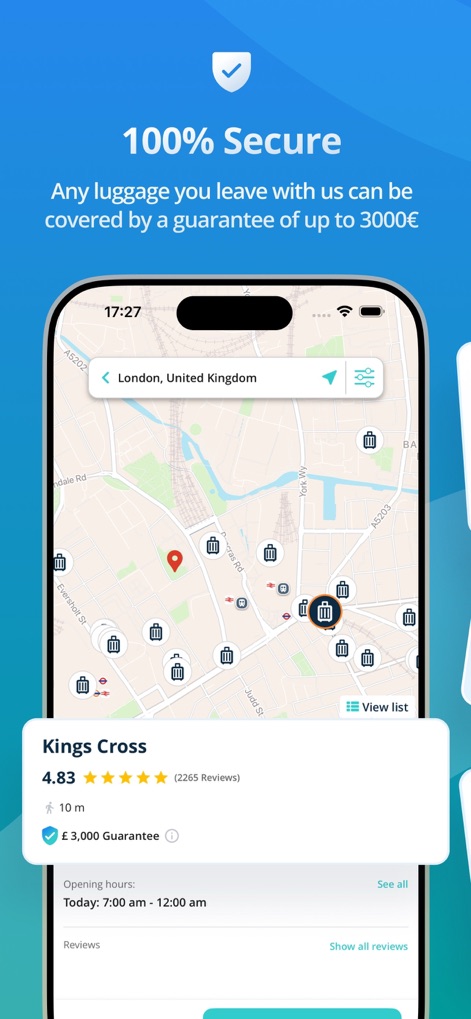 Radical: Luggage Storage - 이 앱은 지도에 표시된 보관소 중 킹스크로스(Kings Cross) 지점의 4.83점 평점과 최대 3,000유로 보장과 같은 상세 정보를 제공하여 사용자의 신뢰를 높입니다.