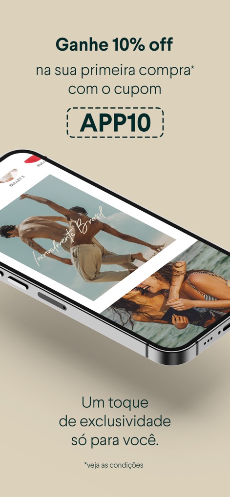 Riachuelo - Roupas e compras - The app highlights promotional offers, such as a "10% off" coupon code "APP10", visually presented alongside aspirational lifestyle imagery.