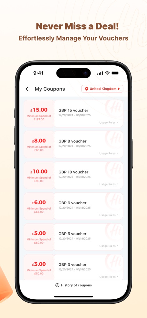 Haidilao - This screen empowers users to effortlessly manage their exclusive discount vouchers, showcasing specific monetary values and clearly outlining the associated usage rules for each offer.