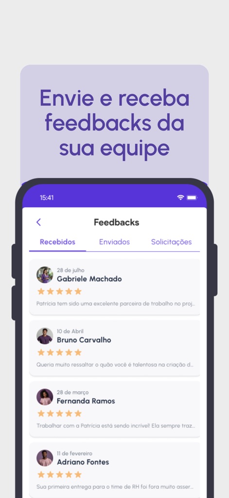 wiipo - A seção de feedbacks permite visualizar comentários recebidos e enviados, mostrando nomes e as estrelas de avaliação dos colegas.
