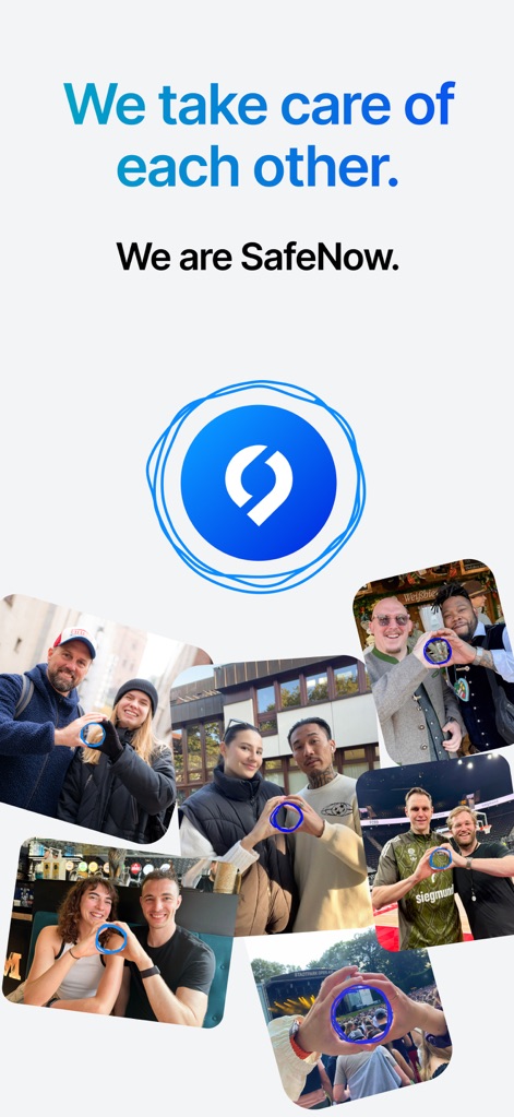 SafeNow™ - The visuals celebrate the app's community focus, featuring diverse individuals interacting positively with the app's core symbol, demonstrating the spirit of mutual care and connection.