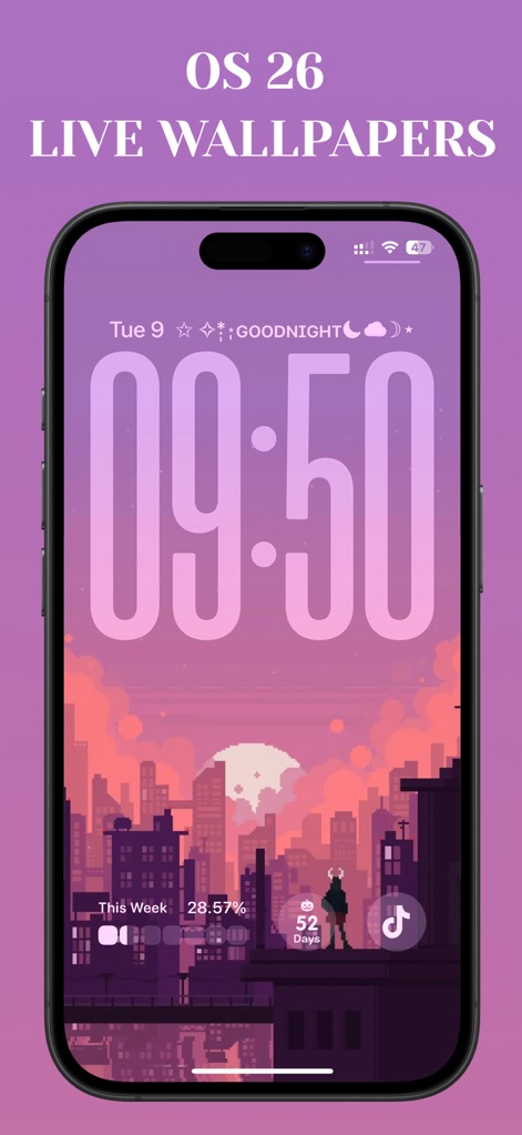 LockWidget - LockScreen Themes - Los usuarios pueden disfrutar de fondos de pantalla vivos con un llamativo reloj estilo pixel art y un vibrante fondo urbano que incluye un personaje detallado.