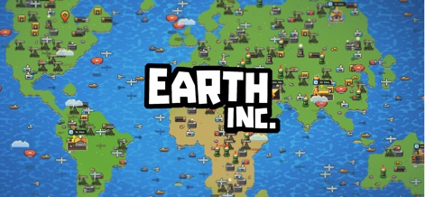 Earth Inc. Tycoon Idle Miner - See how Earth Inc. Tycoon Idle Miner presents a world map filled with numerous industrial buildings and active vehicles, all centered around the striking 'EARTH INC.' logo.