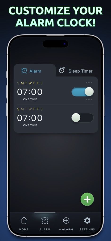 Alarm Clock App: myAlarm Clock - See how the app's intuitive interface allows users to manage multiple alarms with easy-to-use toggle switches and a clear 'Alarm'/'Sleep Timer' tab navigation.