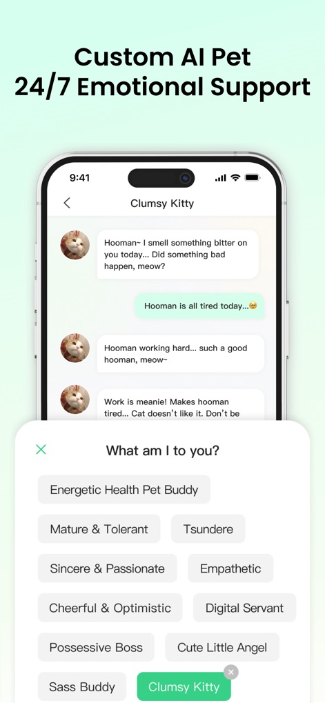 PulseBuddy AI: Stress Monitor - Los usuarios pueden elegir la personalidad de su "mascota de IA", como "Clumsy Kitty", para recibir "apoyo emocional 24/7" adaptado a sus preferencias en momentos de alta presión.