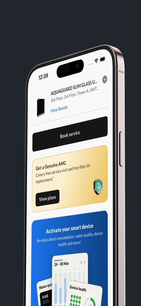 Eureka Forbes | Aquaguard - The app's dashboard offers instant access to essential actions, allowing users to quickly book service and explore genuine AMC plans for comprehensive water purifier care.