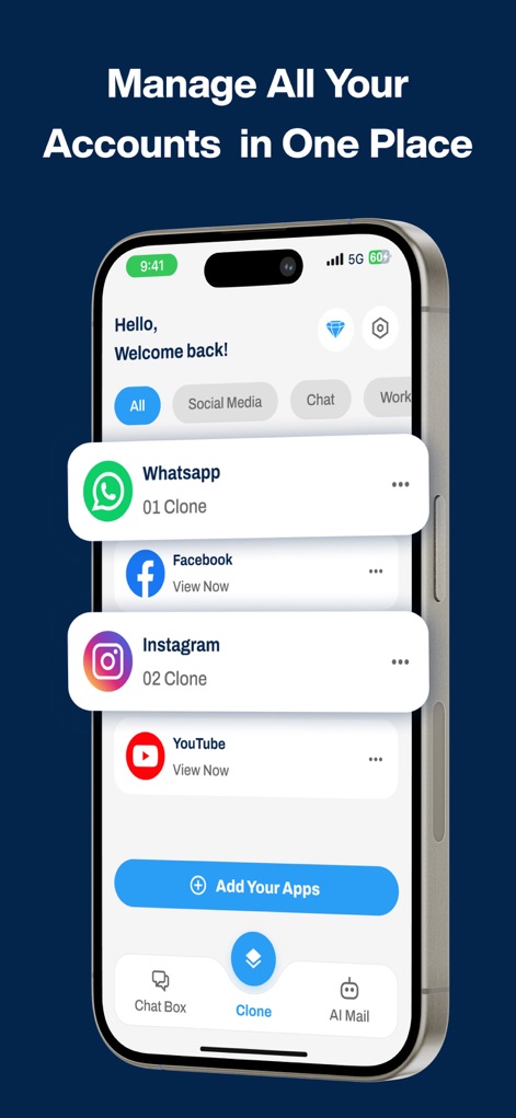 Dual Space : Parallel Accounts - See how Dual Space organizes users' cloned applications, displayed clearly in a list format, and offers quick access via the intuitive bottom navigation bar.