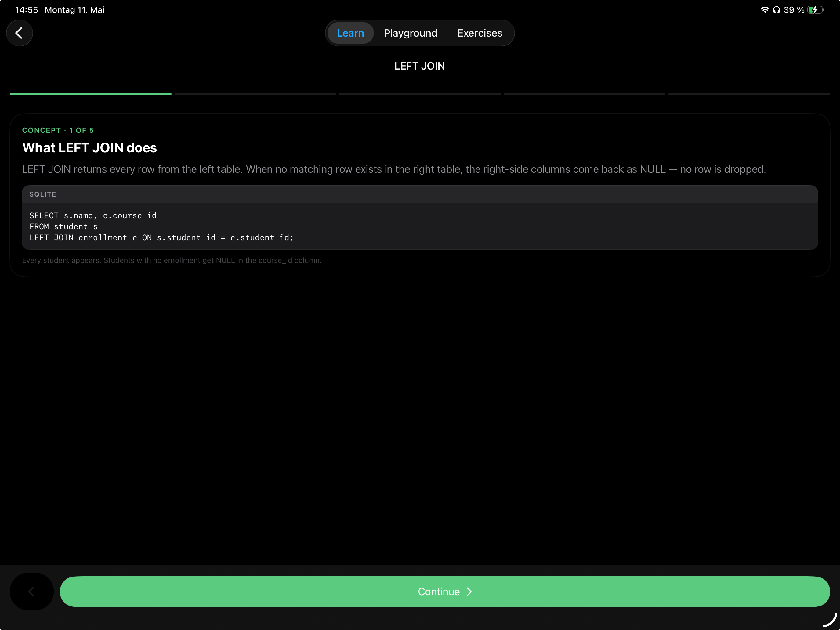 SQLearn - Mobile SQL Learning