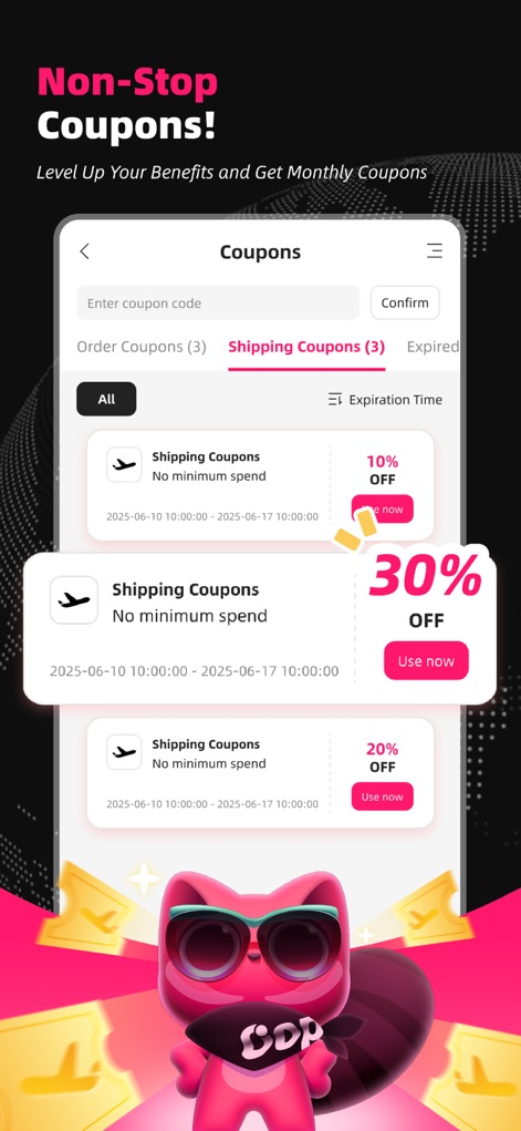 Oopbuy-Shop China:Taobao,1688 - Users can efficiently manage their savings through categorized 'Shipping Coupons' and 'Order Coupons', with clear display of 'discount percentages' and expiration dates for maximizing value.