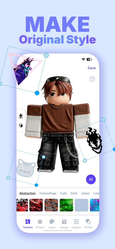 Makerblox - skin creator - 사용자는 다양한 스티커 액세서리로 아바타를 꾸미고, 풍부한 텍스처 선택지를 활용하여 개성 넘치는 의상을 디자인할 수 있습니다.