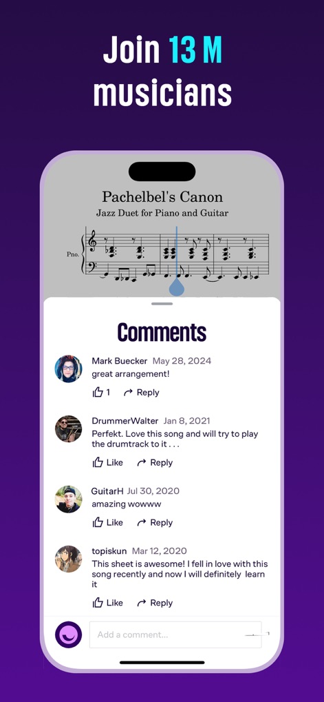 MuseScore－Sheet Music & Chords - Users can engage with a vibrant community by sharing their thoughts in the comments section and viewing contributions from fellow music enthusiasts.