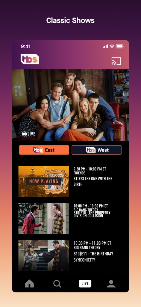Watch TBS - The app offers a comprehensive live TV guide for 'TBS East' and 'TBS West' channels, showcasing current and upcoming episodes of popular series.