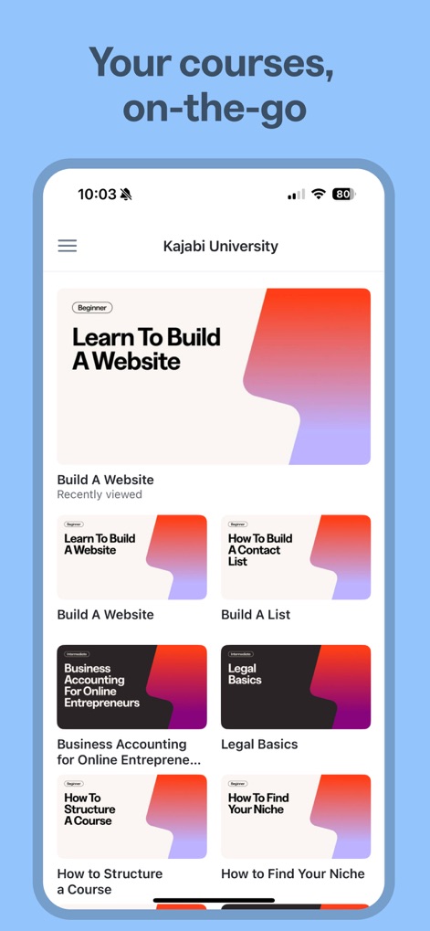Kajabi - 本ツールは、ユーザーが最近閲覧した「履歴」や、「多様なコースのサムネイル」を通して、目的のコンテンツへ素早くアクセスできるホーム画面を提供します。