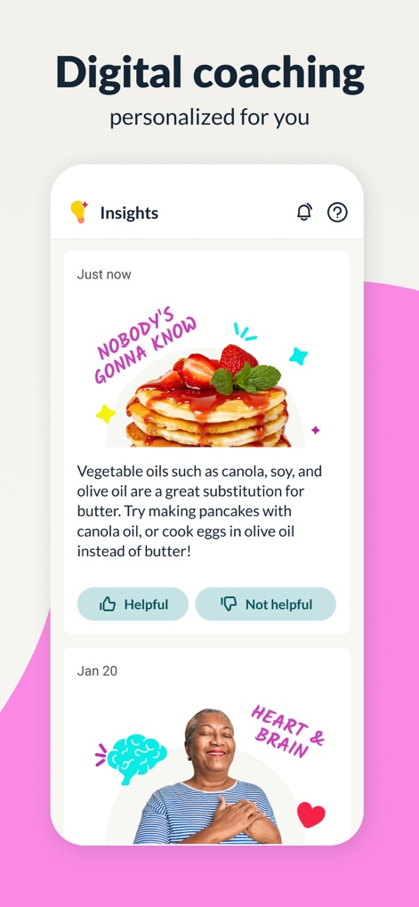 Hello Heart • For heart health - Discover how this tool offers 'healthy eating tips' with engaging visuals and allows users to provide 'helpful/not helpful feedback' for continuous improvement.