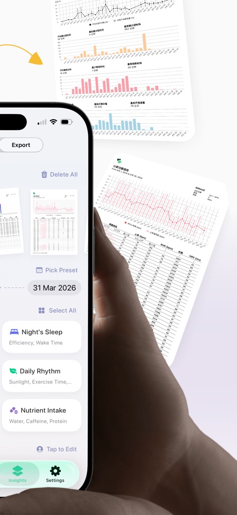 AMood: AI Mood Monitor - ユーザーは、レポートのエクスポート機能を利用して、「Night's Sleep」や「Nutrient Intake」といった詳細なデータカテゴリを選択し、カスタマイズされた健康レポートを作成できます。