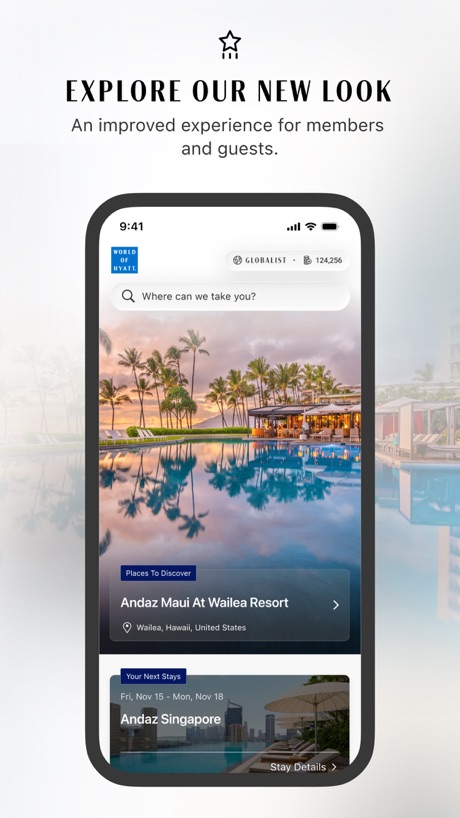 World of Hyatt: Book Hotels App Store screenshot 2, headline “EXPLORE OUR NEW LOOK”. Headline in capitals.