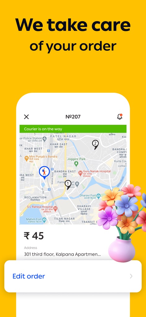 Borzo: Courier Delivery App - Los usuarios pueden monitorear el progreso de su entrega en un mapa interactivo, observando la ubicación del mensajero con un icono distintivo y teniendo la opción de "Edit order" en caso de ser necesario.