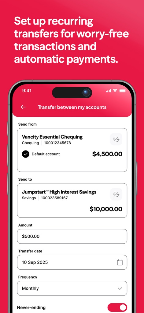 Vancity - Hier wird die Funktion für wiederkehrende Überweisungen gezeigt, die es ermöglicht, Beträge zwischen dem „Vancity Essential Chequing“ und „Jumpstart™ High Interest Savings“ Konto zu bewegen und eine „Häufigkeit“ sowie den „Never-ending“-Schalter zu konfigurieren.