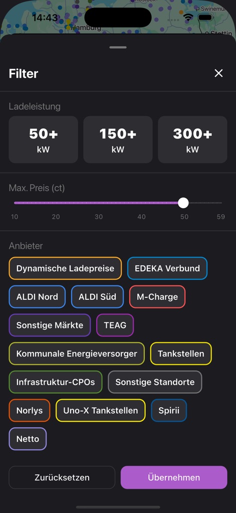 Ad-Hoc Map - The app provides comprehensive filtering capabilities, allowing users to select by desired charging power (e.g., 50+ kW) and preferred charging network providers.