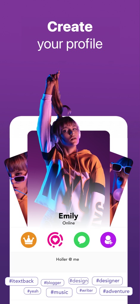 Connected2.me - This interface highlights how users can personalize their profile with a unique photo and display their interests through vibrant hashtags.