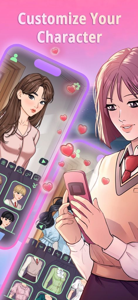 Unfolded: Webtoon Stories - 사용자는 캐릭터 커스터마이징 화면에서 다양한 의상 옵션을 선택하여 스타일을 변경하고, 여러 헤어스타일 중 취향에 맞는 것을 골라 자신만의 개성을 표현할 수 있습니다.