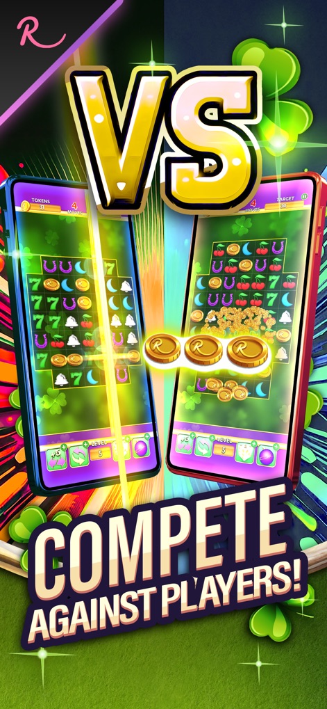 Lucky Match: Win Real Money - Observe the prominent 'VS' graphic symbolizing direct competition, showcasing two players' match-3 game boards side-by-side for thrilling battles.