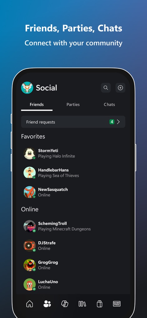 Xbox - Users can effortlessly manage their friend requests and join parties through intuitive tabs, displaying which games their friends are currently playing for easy connection.
