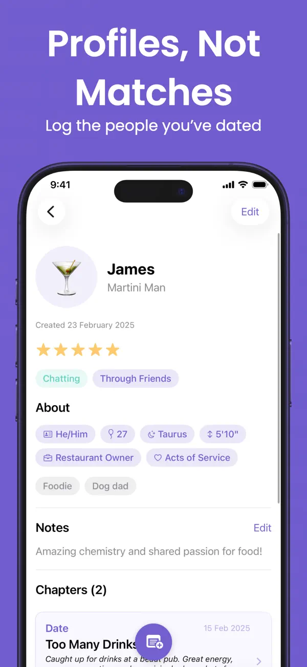 Matchbook: Dating Journal iOS app screenshot showing feature 2