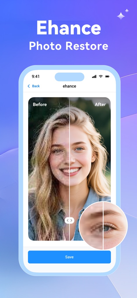 Photo Recovery: phone cleanup - The app's AI photo toolbox enhances image quality, demonstrated by a 'Before/After' slider on a photo and detailed in a magnified section showcasing improved clarity.