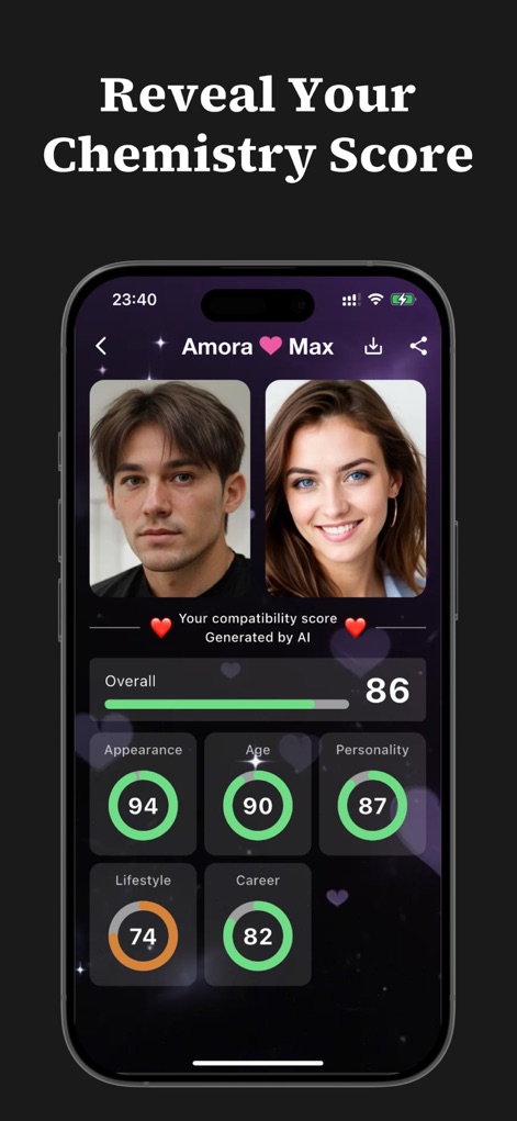 Amora Max - Find Your Soulmate - Users can upload two photos to receive an 'Overall' compatibility score, which is then broken down into specific categories like 'Appearance' and 'Personality' for a comprehensive analysis.