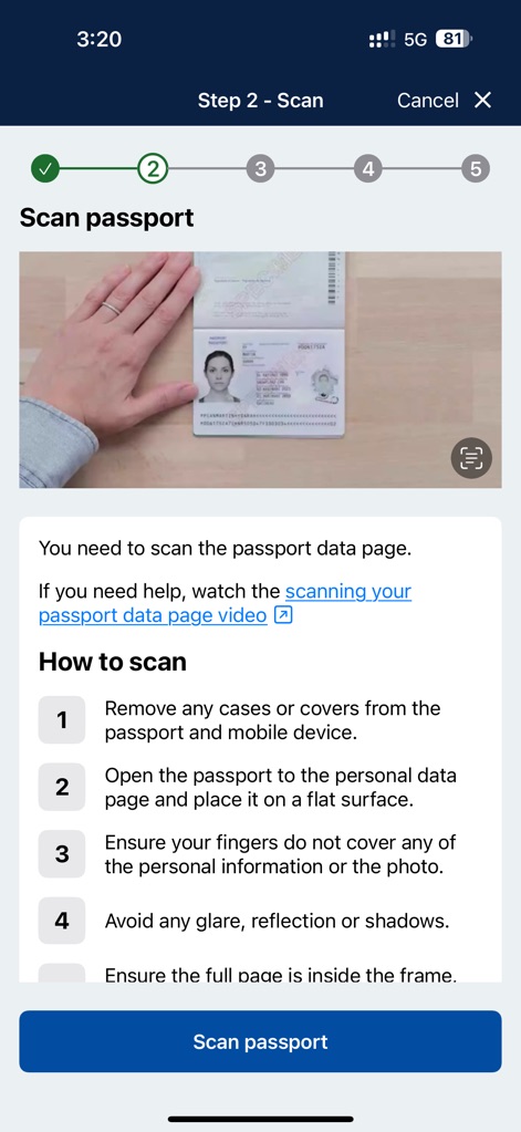 Australian Immi App - Cet outil guide les utilisateurs à travers un processus clair pour le scan de la page de données du passeport, avec des instructions visuelles et textuelles détaillées.