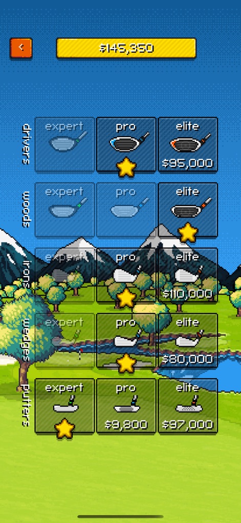Pixel Pro Golf - Les joueurs peuvent améliorer leur jeu en explorant une gamme d'équipements évolutifs, des drivers aux putters, avec des tarifs d'amélioration clairs affichés pour chaque niveau.