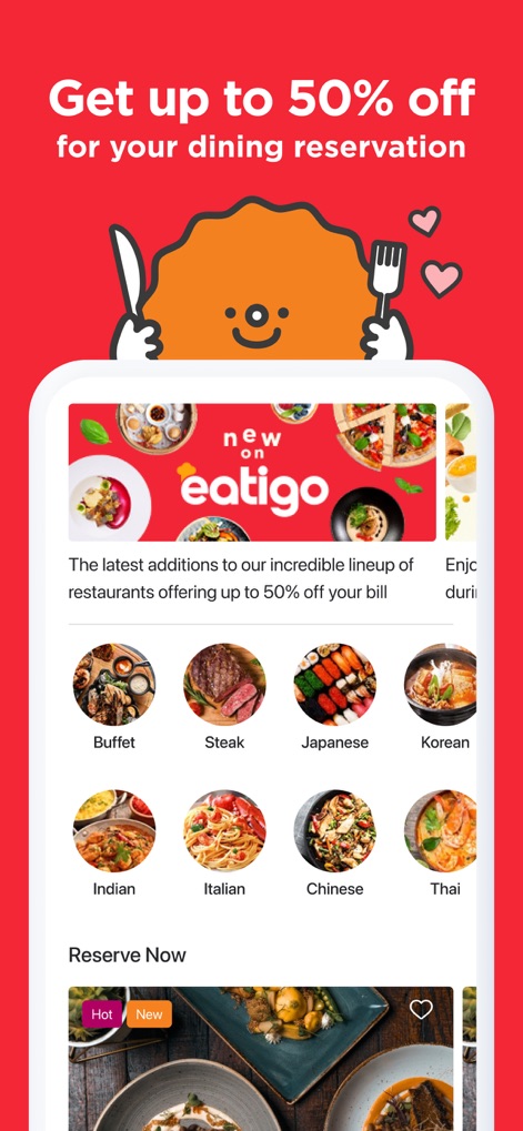 Eatigo - 本アプリでは、ユーザーは多様な料理カテゴリのアイコンから好みの料理を簡単に発見でき、「new on eatigo」バナーで最新の割引情報も確認できます。
