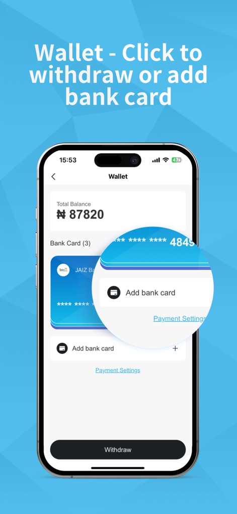 Carding - Sell Gift Cards - This screen demonstrates the secure Wallet interface, allowing users to effortlessly view their Total Balance and manage payment methods by adding a bank card.