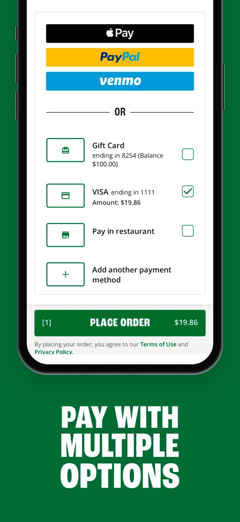 Wingstop - Die App bietet den Nutzern eine bequeme Auswahl an Zahlungsoptionen, einschließlich digitaler Dienste wie "Apple Pay" und "PayPal" sowie der Möglichkeit, eine "Gift Card" einzulösen oder direkt im Restaurant zu zahlen.