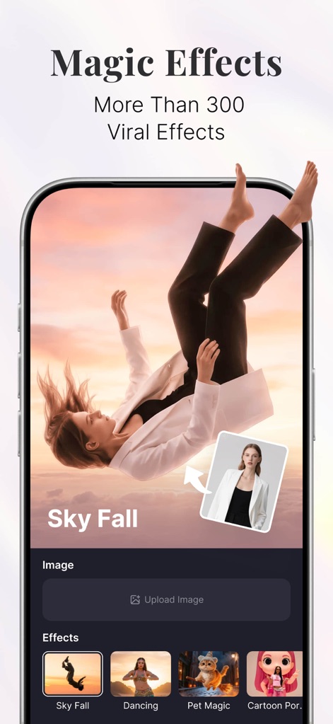 Pollo AI - AI Video Generator - Dynamisez votre contenu avec plus de 300 effets viraux, intégrant des concepts comme la "Chute du ciel" et offrant une sélection variée via des vignettes d'effets intuitives.