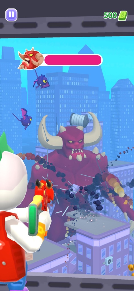 Heli Monsters - Giant Hunter - Experience thrilling battles where users confront formidable red horned boss monsters, indicated by their dynamic health bars.