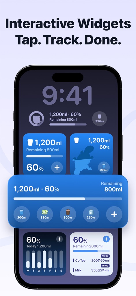 Water Tracker - Drink Reminder - Users can track their hydration at a glance with customizable home screen widgets and quickly add drinks using an interactive quick-access overlay.