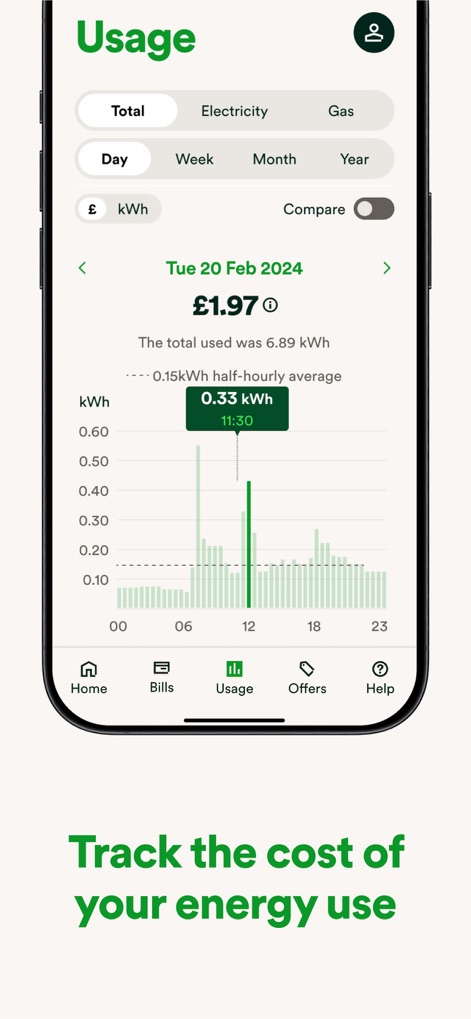 OVO Energy - The app visualizes energy usage with a detailed consumption graph and allows users to filter by daily, weekly, monthly, or yearly periods for comprehensive tracking.